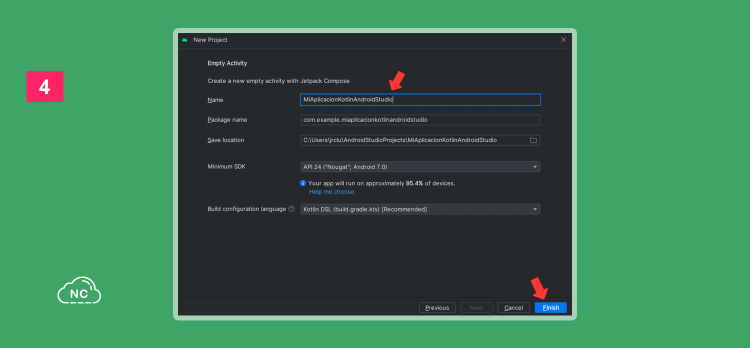 En Android Studio Giraffe, se recomienda usar como SDK mínima, la de Android 7 Nougat Ventana para poner nombre a la aplicación Android en Android Studio