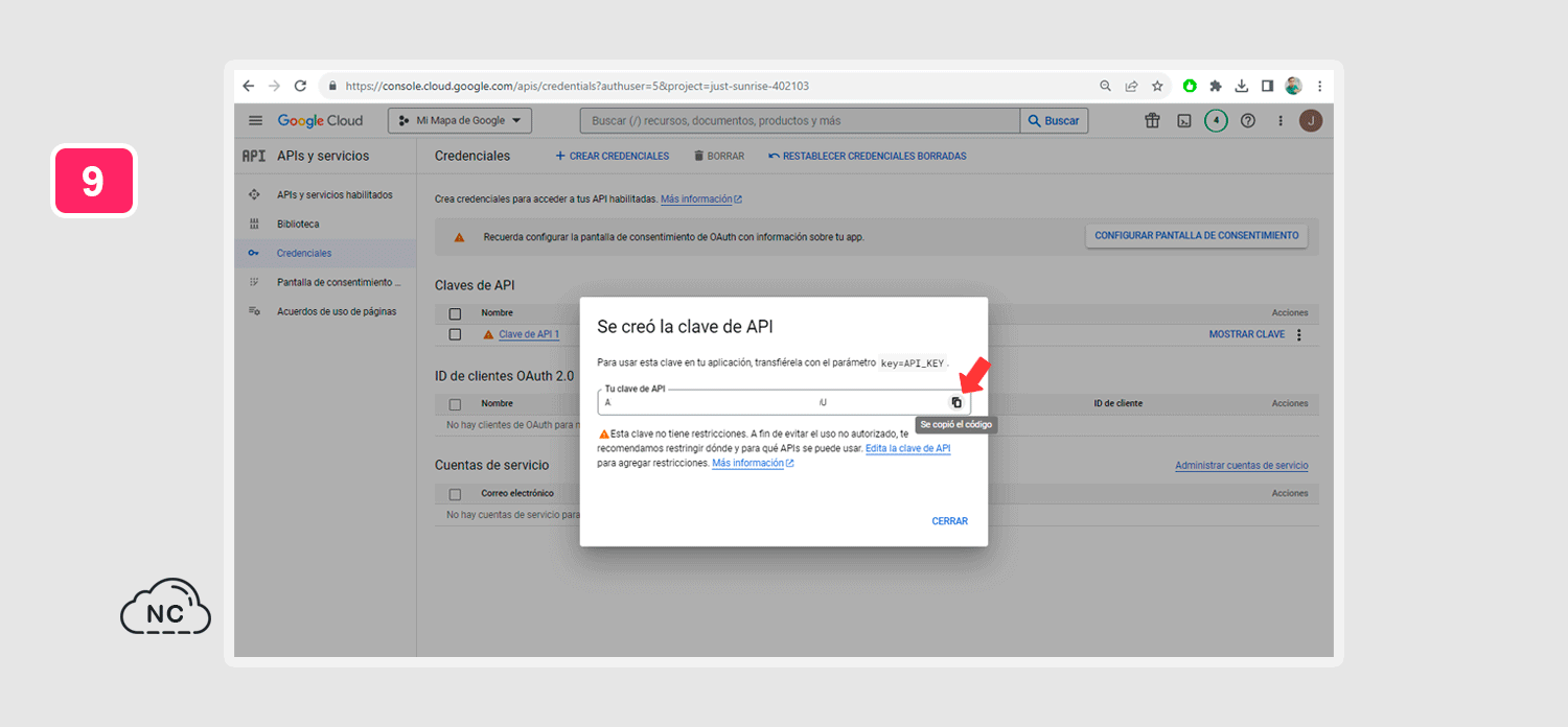 Esta API KEY la usaremos en nuestra página web API KEY creada para usarla en Google Maps