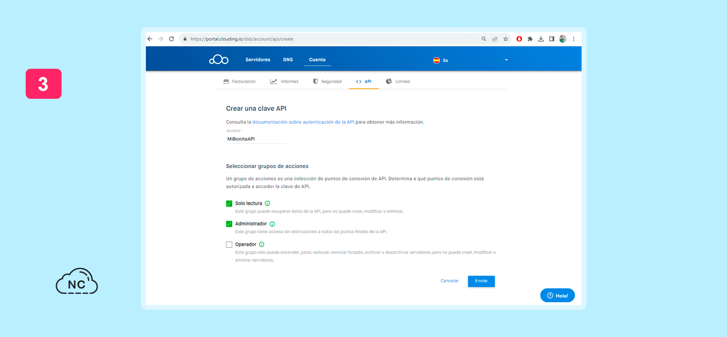 Puedes presionar el botón Cancelar para finalizar la tarea Creación de una API KEY en Clouding