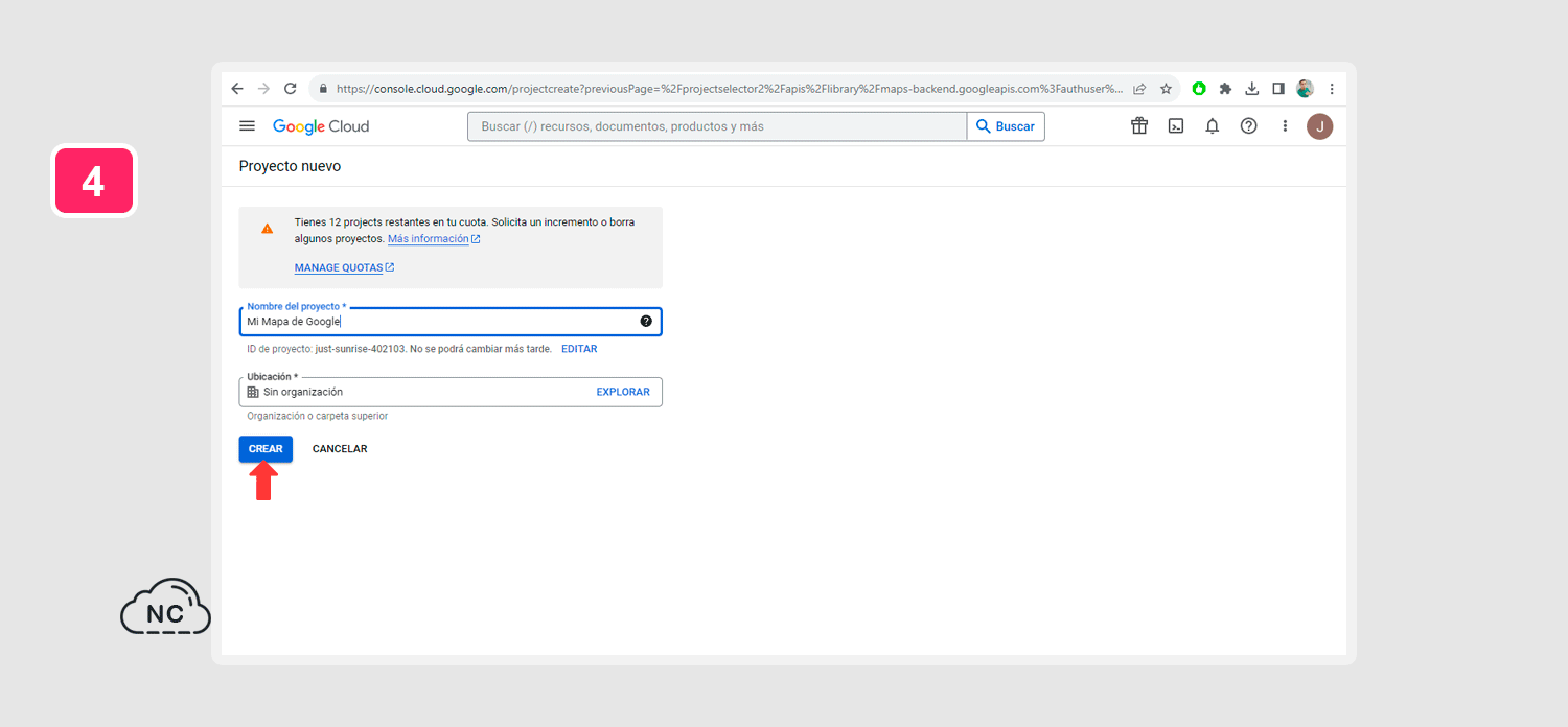 No toques otra opción si no sabes para que sirve Crear nuevo proyecto en Google Cloud