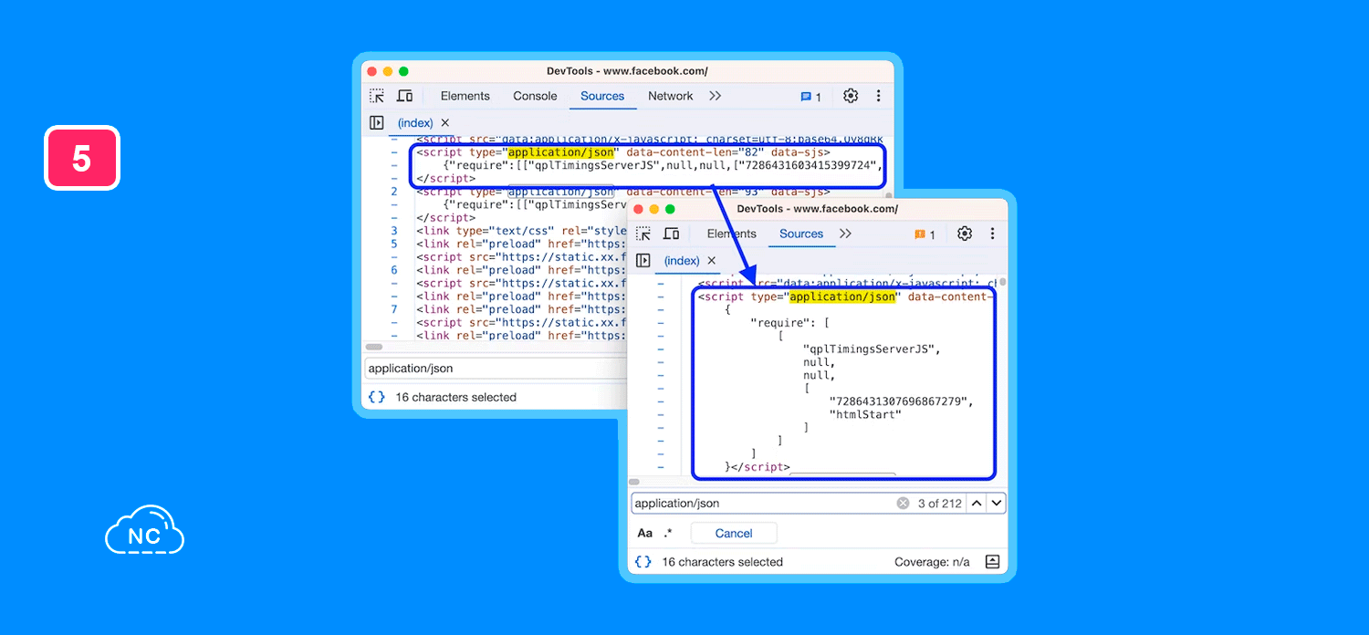 Podemos gestionar mejor el código JavaScript JSON en línea con impresión bonita en etiquetas <script> de HTML en Sources