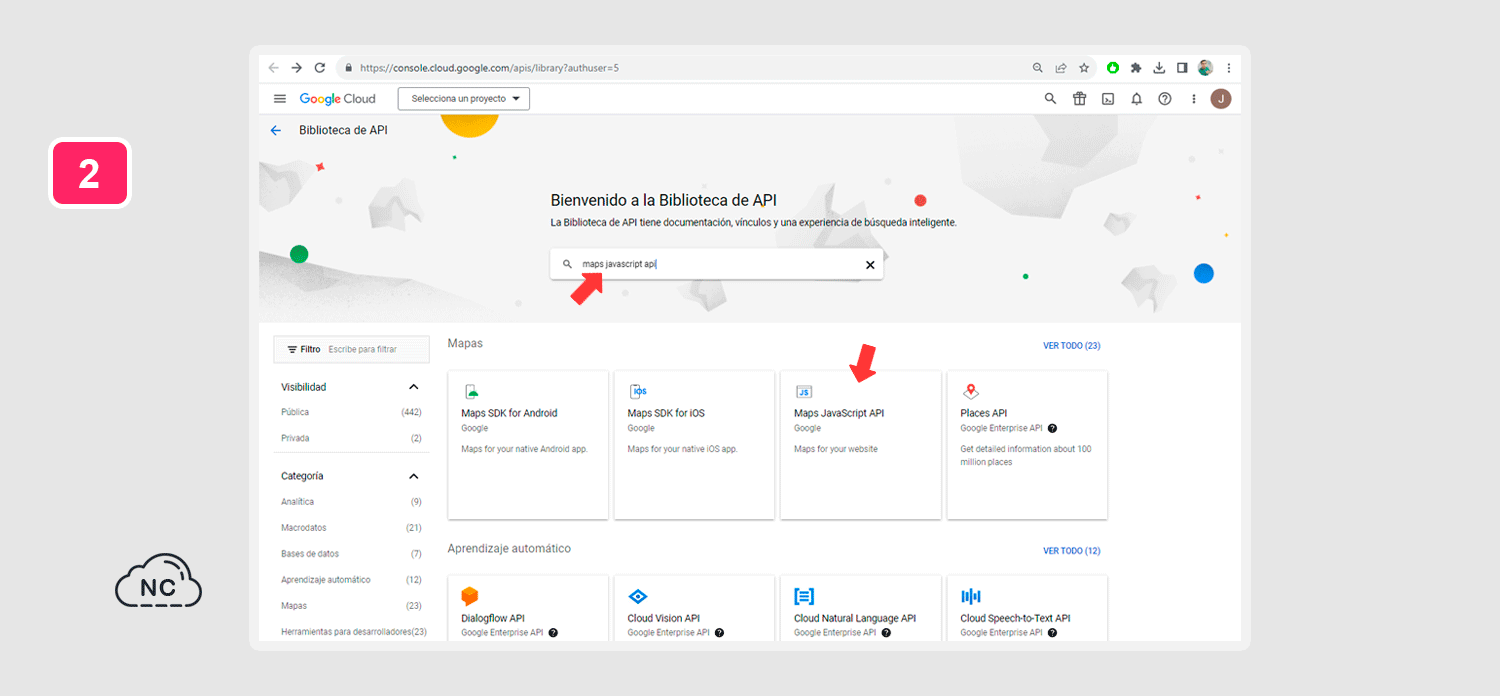 En la tarjeta dice: Maps for your website Maps JavaScript API en Google Cloud