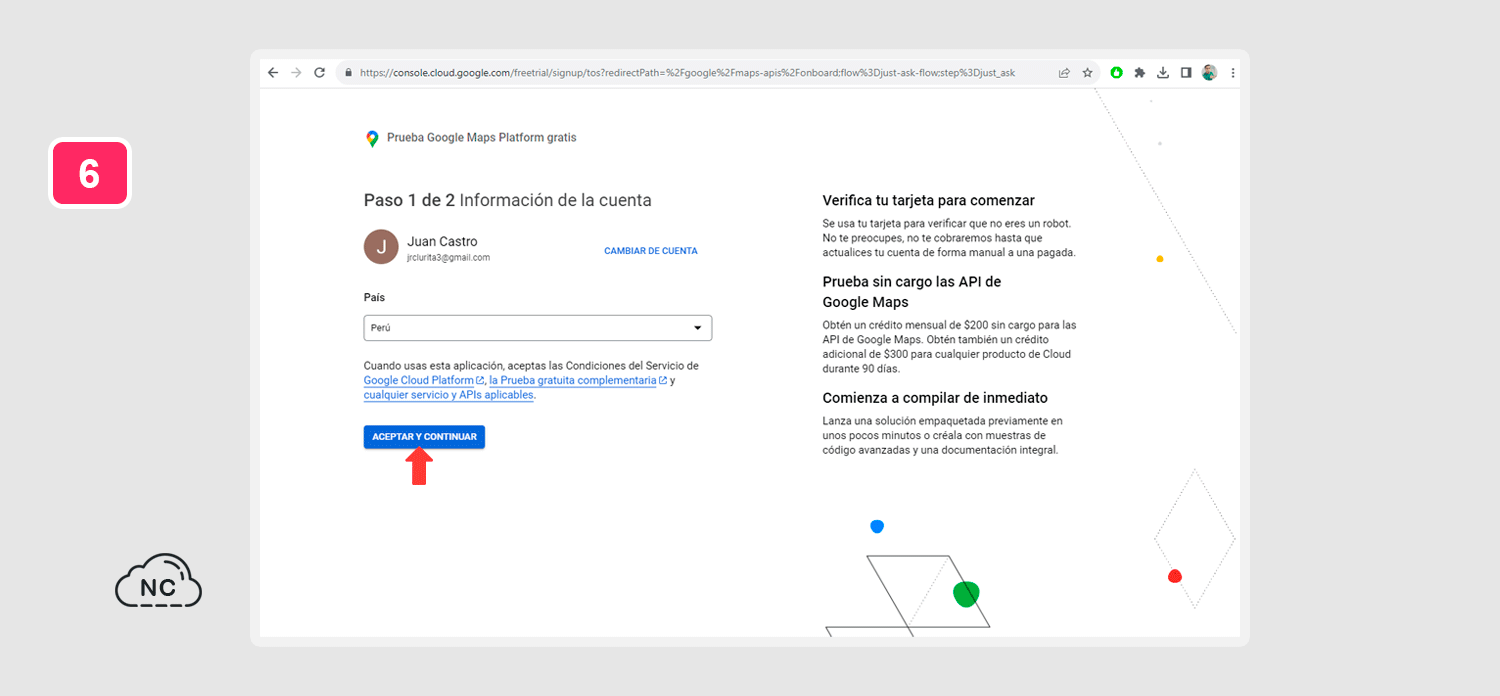 Puedes visitar los enlaces con las condiciones del servicio de Google Cloud Platform Paso 1 información de la cuenta