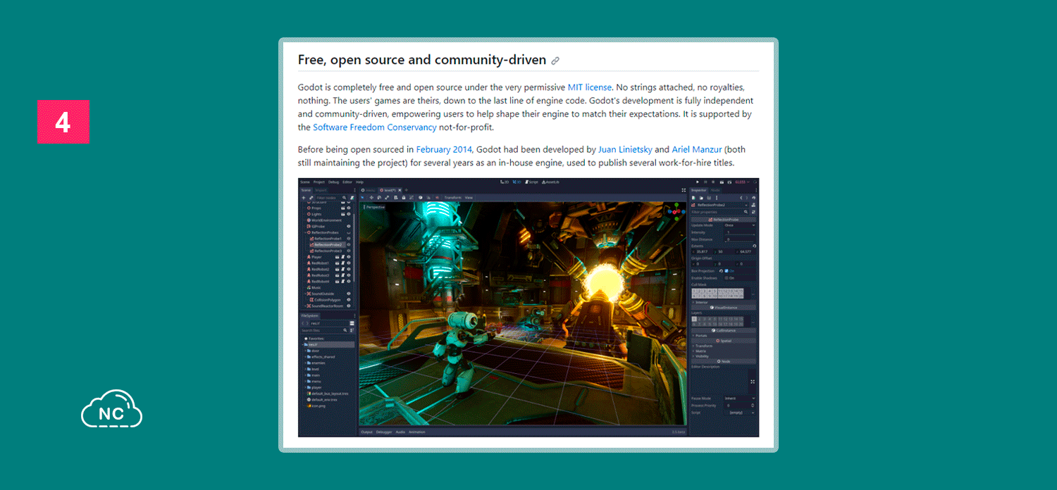 Actualmente Godot Engine es completamente gratuito y de código abierto bajo la muy permisiva licencia MIT Repositorio de Godot Engine en GitHub