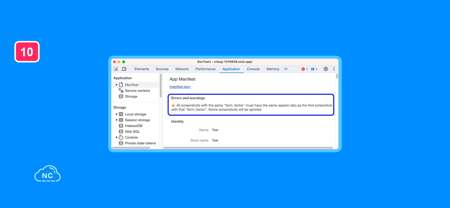 Tu web tiene que incluir un archivo Manifest según Google Validación de la relación de aspecto de la captura de pantalla en Application > Manifest