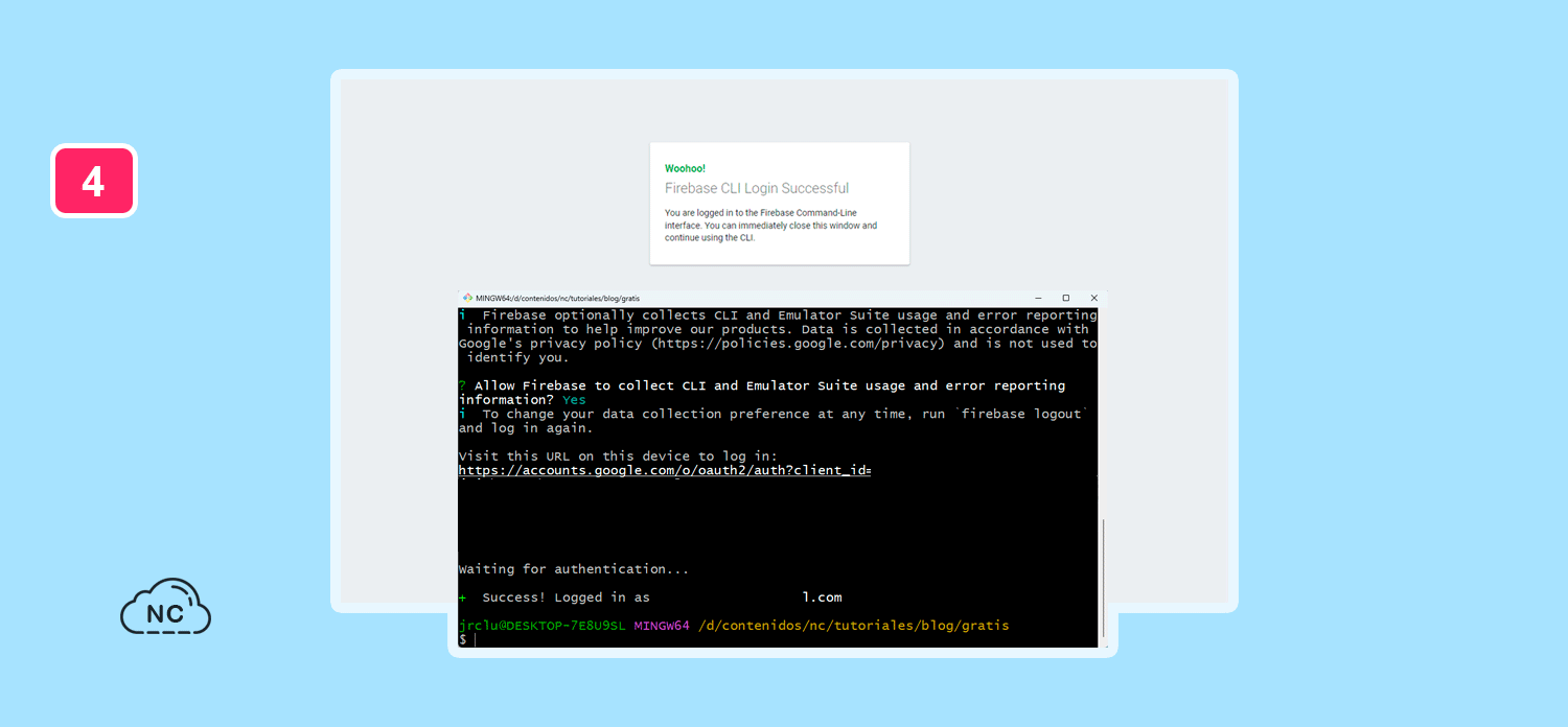 La autenticación desde la Firebase CLI es una de las más sencillas Autenticación exitosa desde la Firebas CLI