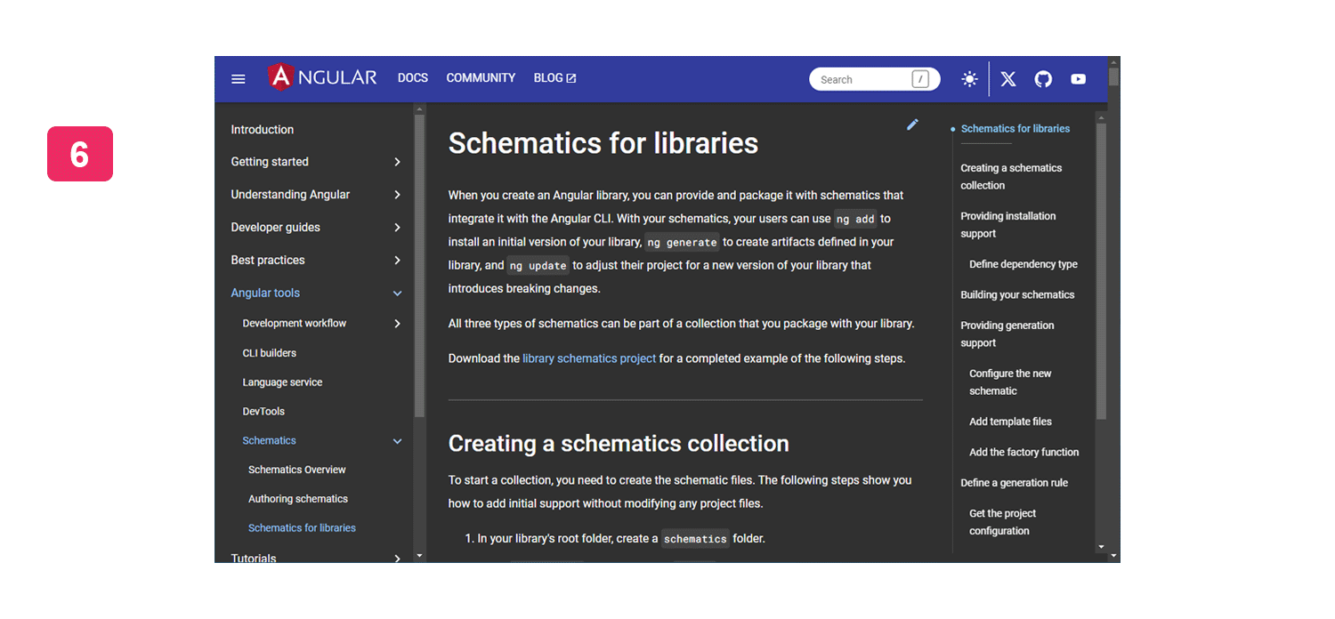 Lo comandos 'ng generate' y 'ng update' también te permiten gestionar una librería Información sobre esquemas para librerías en la documentación de Angular