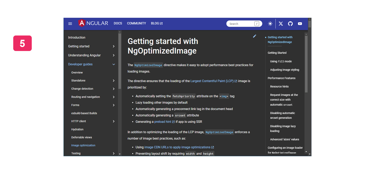 Mejora el proceso de LCP (Largest Contentful Paint) en imágenes Información sobre la directiva NgOptimizedImage en la documentación de Angular