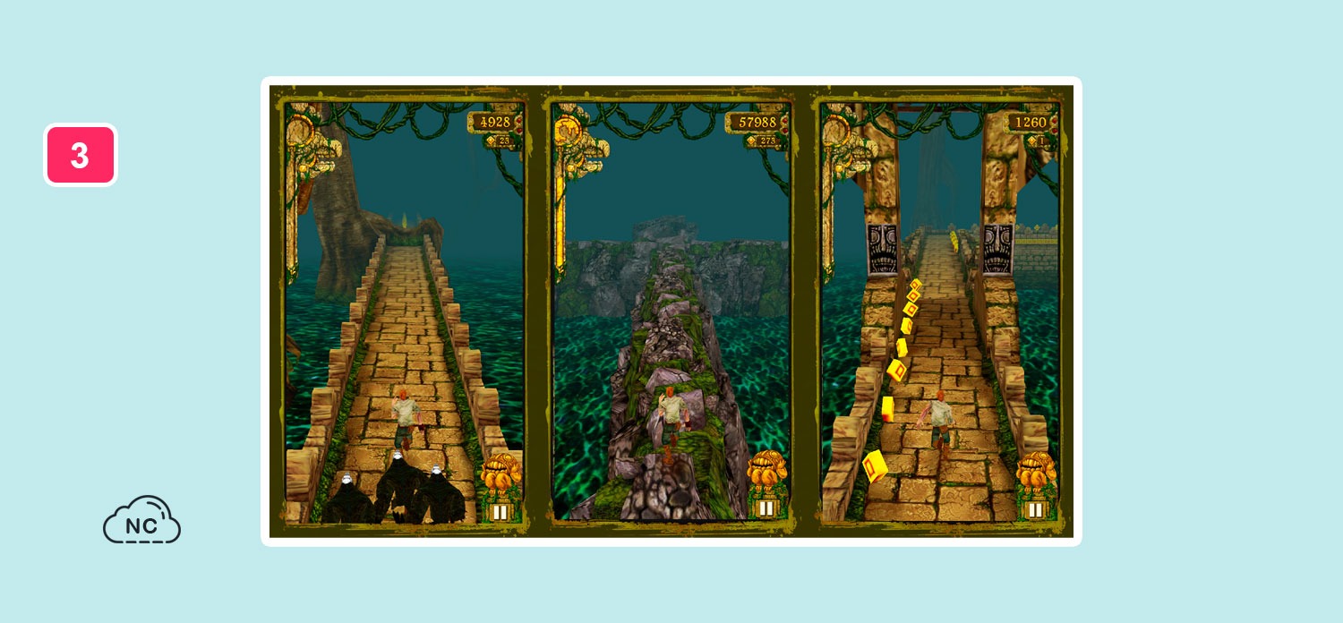 El ambiente es de una selva con templos enigmáticos Juego Temple Run creado con Unity