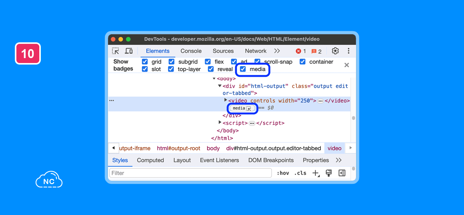 En las próximas versiones de DevTools esta característica será mejorada Nueva Insignia media en el panel Elements