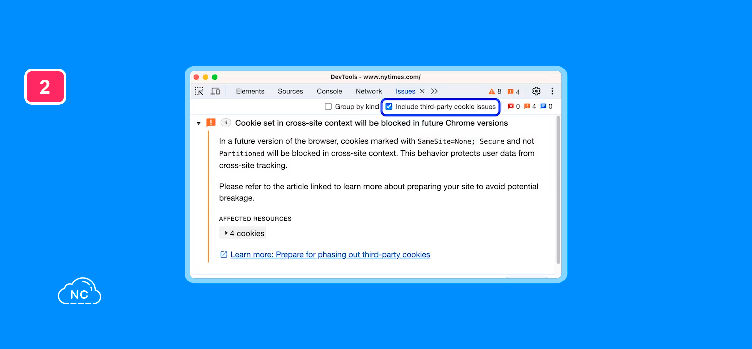 Las cookies permiten guardar datos de los usuarios en el navegador Opcion Incluir problemas de cookies de terceros en el panel Issues