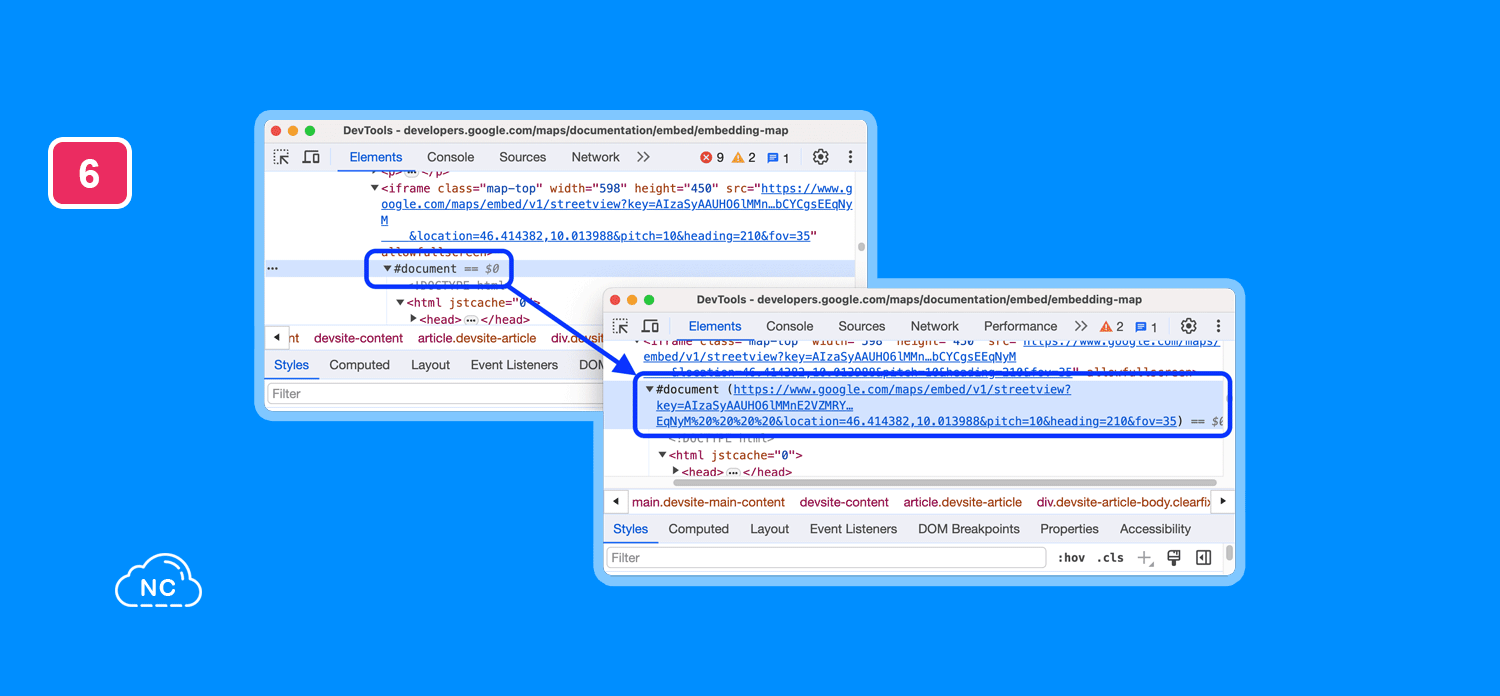 Los elementos ifram suelen tern el nodo #document Panel Elements mostrando los nodos de las URLs de #document