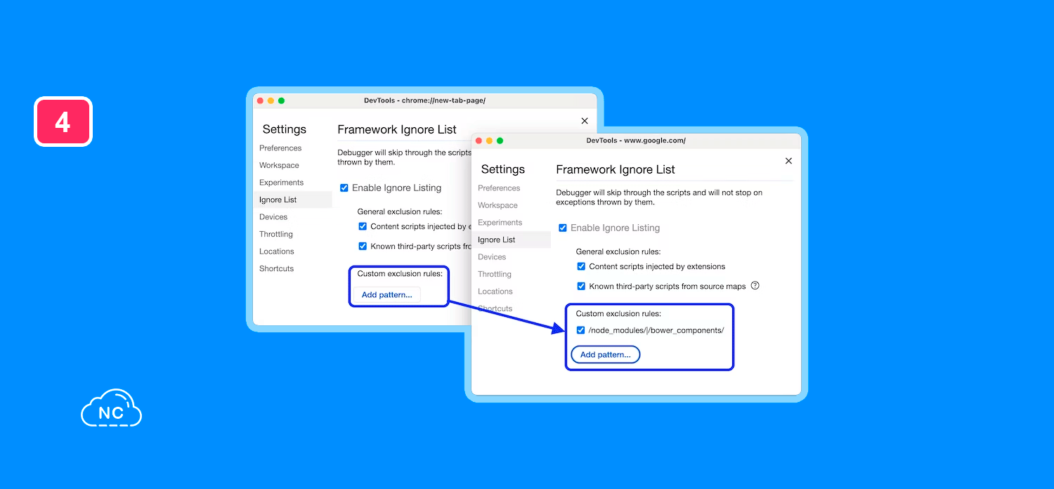 Node JS es un entorno que permite ejecutar código JavaScript en el servidor Panel lista de ignorados en la configuración de Google Chrome DevTols