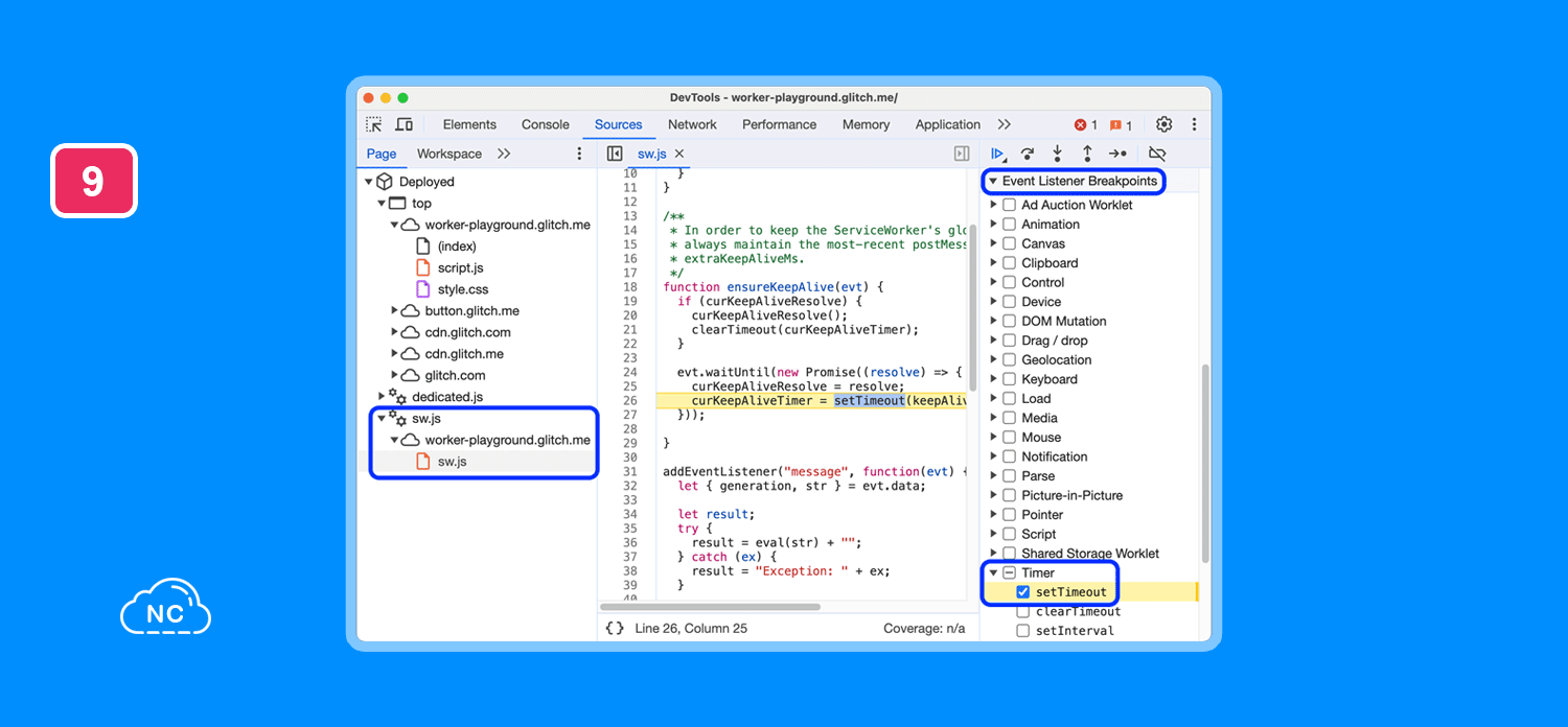 Los breakpoints permiten debugear en ciertas partes del código Ventana Event Listener Breakpoints en el panel Sources en DevTools