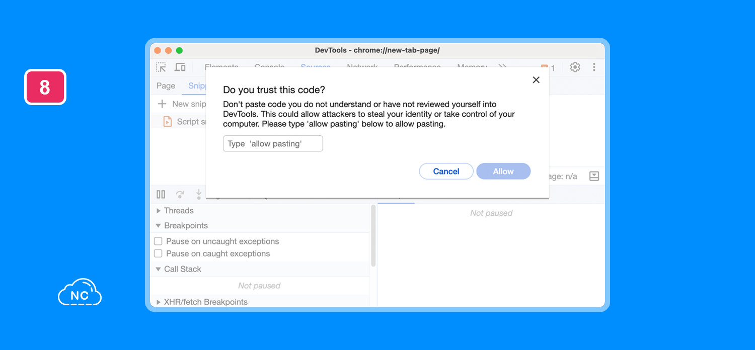 Para el equipo de Chrome DevTool la seguridad de los usuarios es importante Ventana Show warning about Self-XSS when pasting code en Chrome DevTools