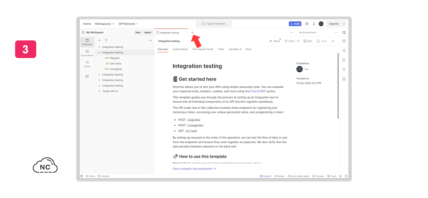 En esta pantalla puedes detallar el proceso pruebas y demás datos de tu API El área de Integration testing permite crear paneles de prueba de API