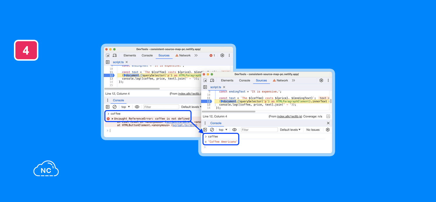 En el ejemplo puedes ver que se analiza una variable en un archivo TypeScript Expresiones en la Console y sugerencias de autocompletar