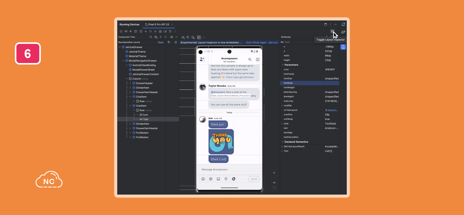 Modifica el tamaño de texto, color y otros elementos más de manera rápida Inspector de diseño integrado en Android Studio