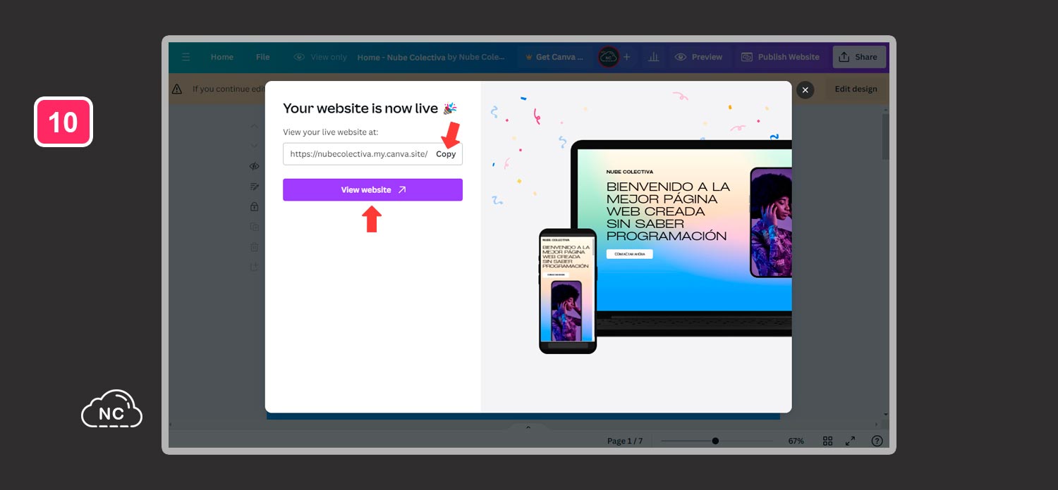 Puedes compartir la url de tu página web en tus redes sociales o con tus contactos Mensajes de página web publicada con su URL