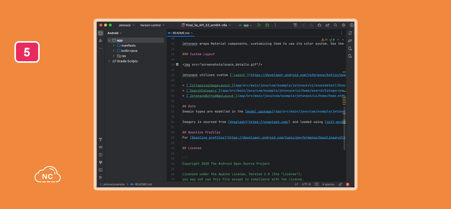 El arbol de directorios y archivos se mantiene al lado izquierdo Modo compacto en la nueva interfaz de Android Studio