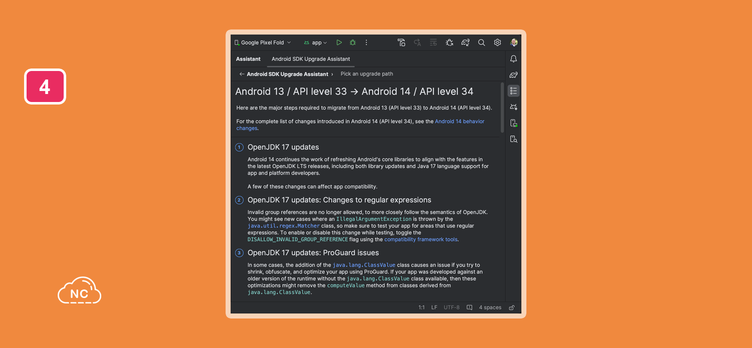 El asistente brinda información de los cambios más importantes al migrar de nivel de API Nuevo asistente de actualización de SDK de Android Studio