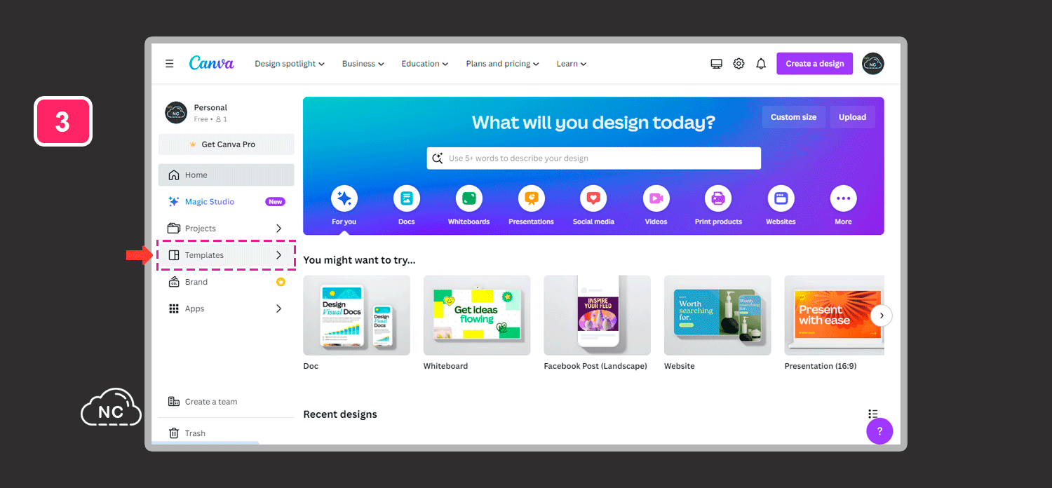 En la sección Templates encontrarás diferentes categorías de plantillas Opción Templates en el sidebar