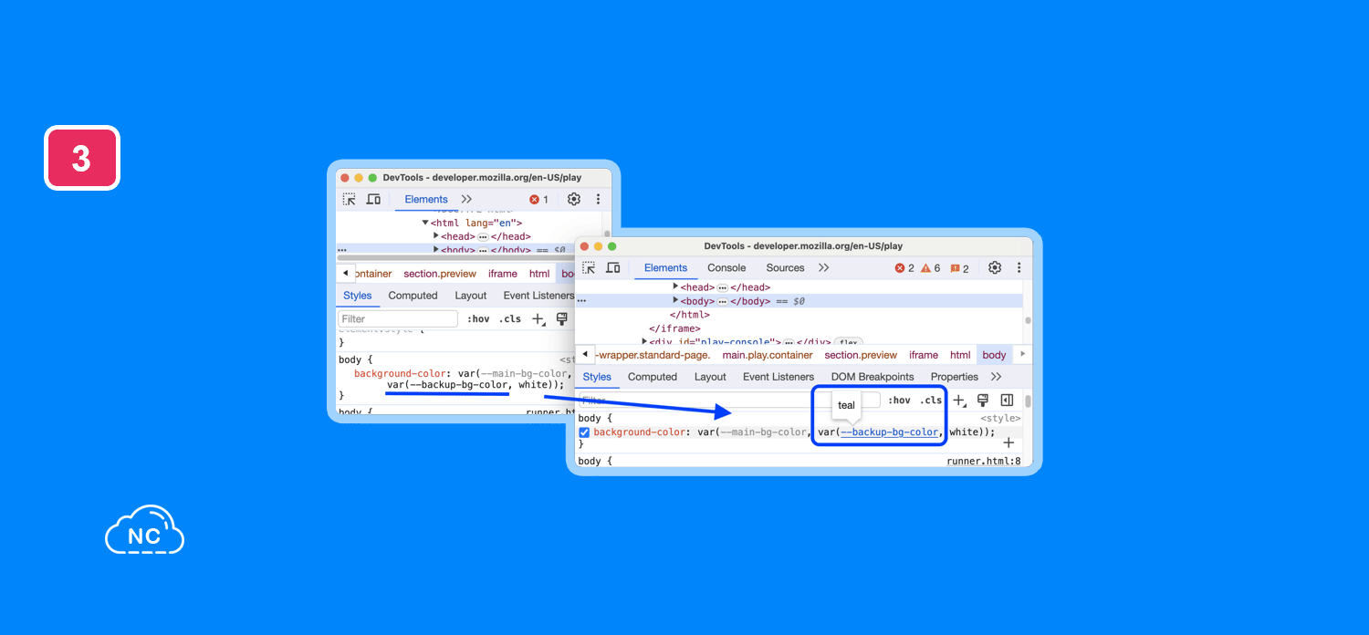 En var() puedes colocar valores definidos en una variable en CSS Panel Styles mostrando el fondo de color para el elemento body mediante var