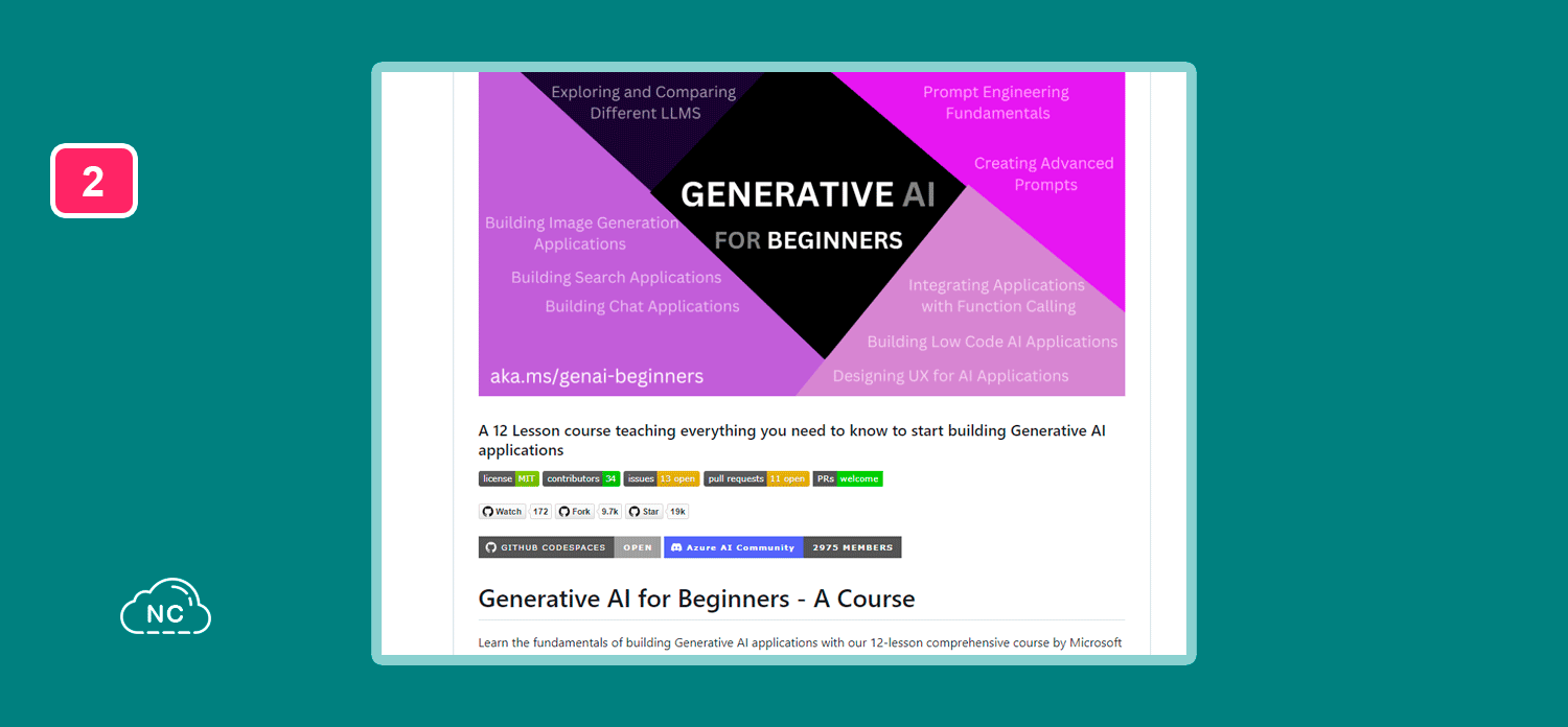 Después del curso podrías llegar a crear una IA básica para que tu comunidad cree contenido Repositorio Generative AI for Beginners en GitHub