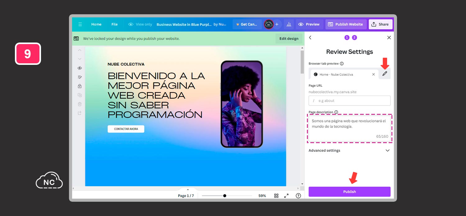 El proceso de publicación de la web es sencillo y rápido Último paso antes de publicar la web creada sin saber programar