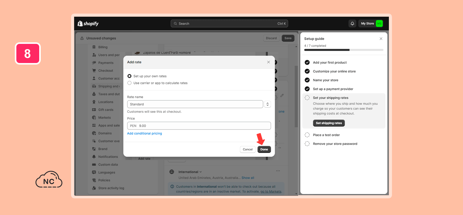 Posteriormente puedes editar tus gastos de envío presionando al lado izquierdo la opción Shipping and delivery Ventana flotante para agregar un costo de envío