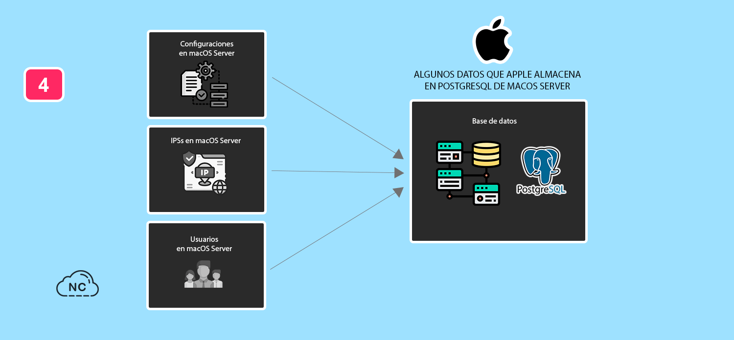 También almacena los inicios de sesión en PostgreSQL Algunos datos de Apple almacena en PostgreSQL de macOS Server