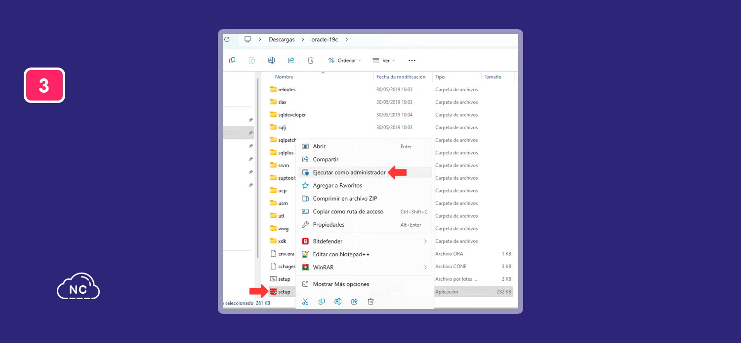 Los pasos de este tutorial, tambien te servirán para otras versiones de Windows Ejecutando el archivo de instalación de Oracle como Administrador