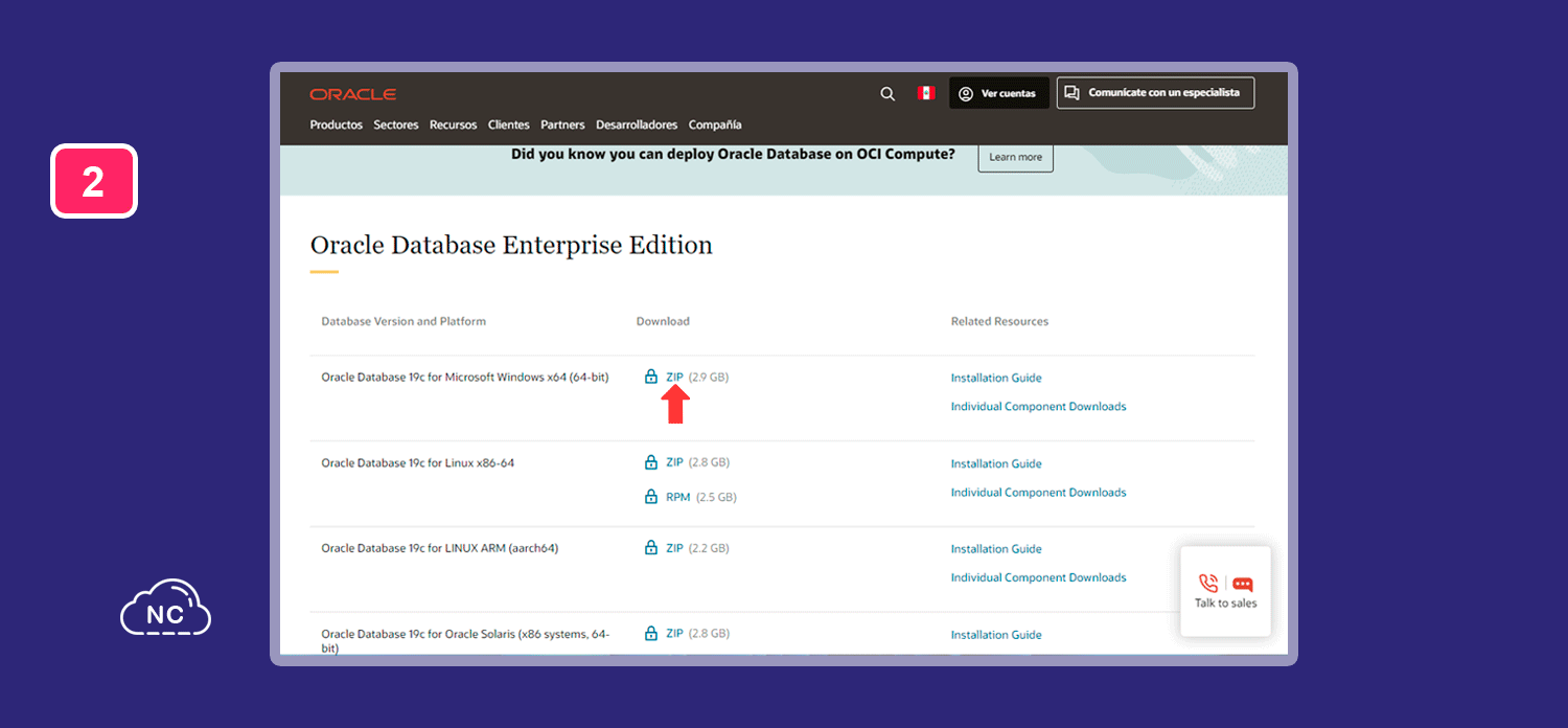 En mi caso tengo una PC de 64 bits, por ello elijo esta versión Enlace para descargar Oracle Database