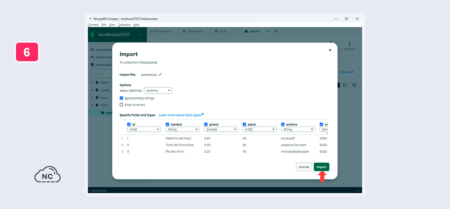 MongoDB separa los datos en columnas MongoDB nos brinda una vista previa de los datos a Importar