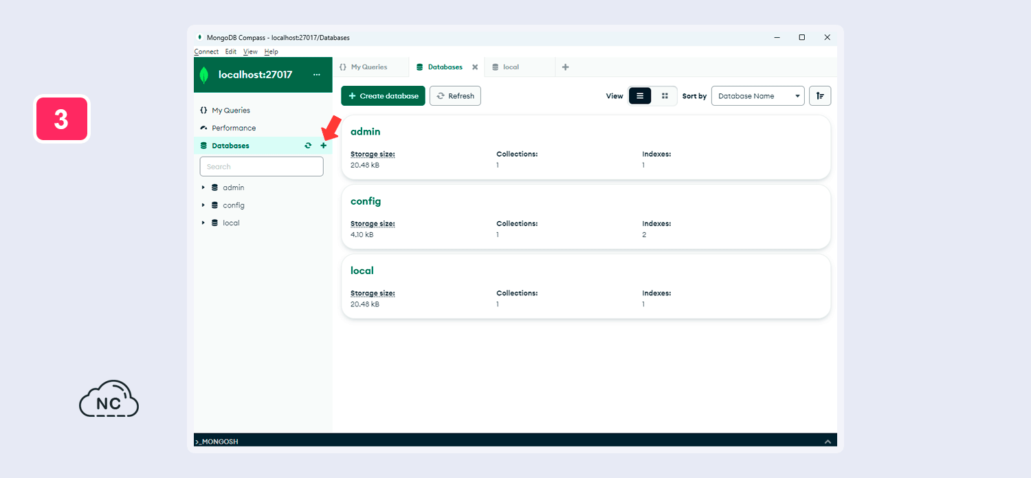 Con esta opción puedes crear muchas bases de datos MongoDB Opción para crear una nueva base de datos en MongoDB