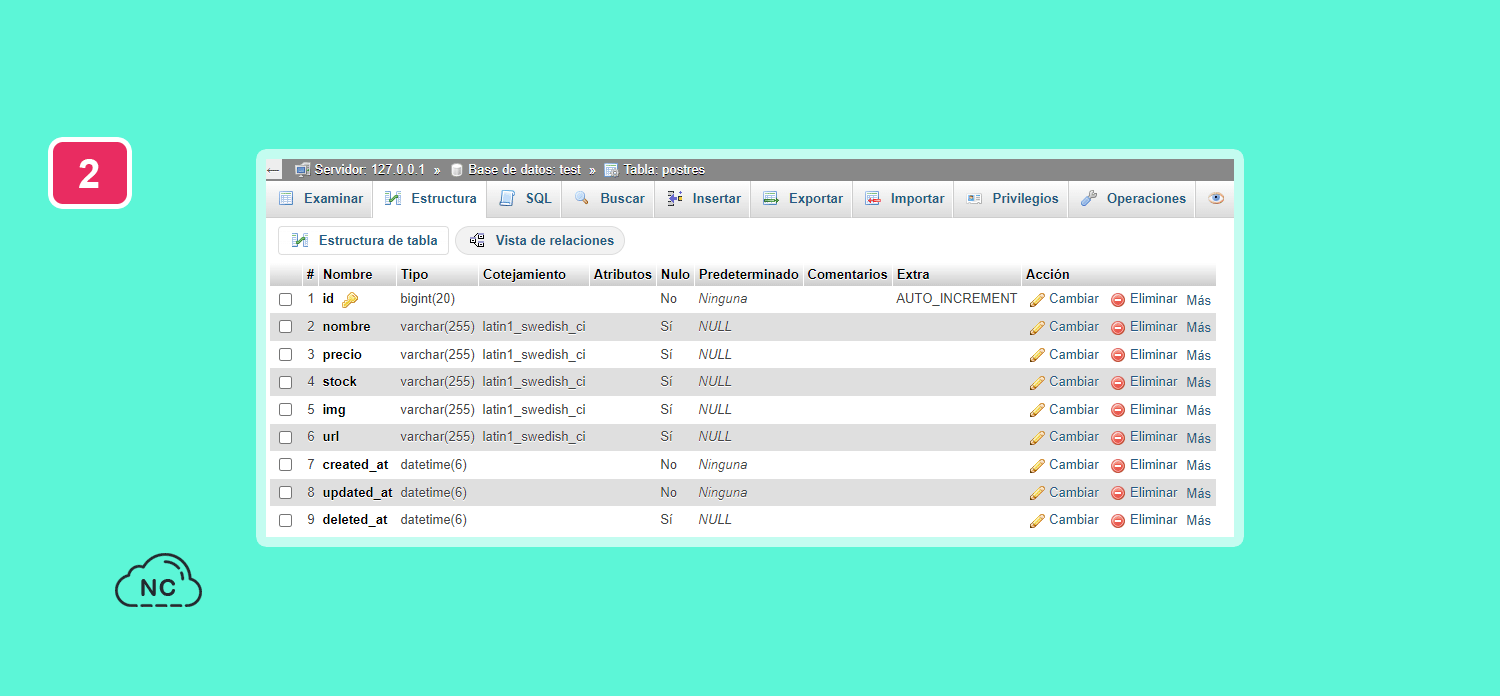 Si necesitas crear otra tabla, solo sigue los pasos indicados Tabla postres creada correctamente en la base de datos para el sistema CRUD