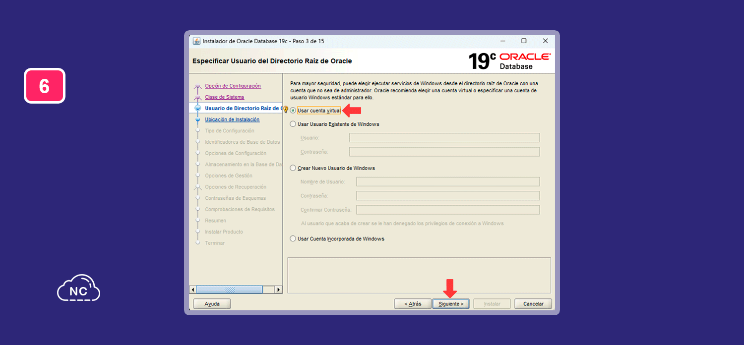 También puedes usar tu usuario de Windows o crear uno nuevo Ventana para Especificar un Usuario del Directorio Raíz de Oracle