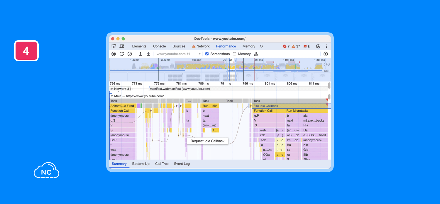 La línea de tiempo de Chrome DevTools es una de las más avanzadas del medio Indicadores de eventos en la línea de tiempo