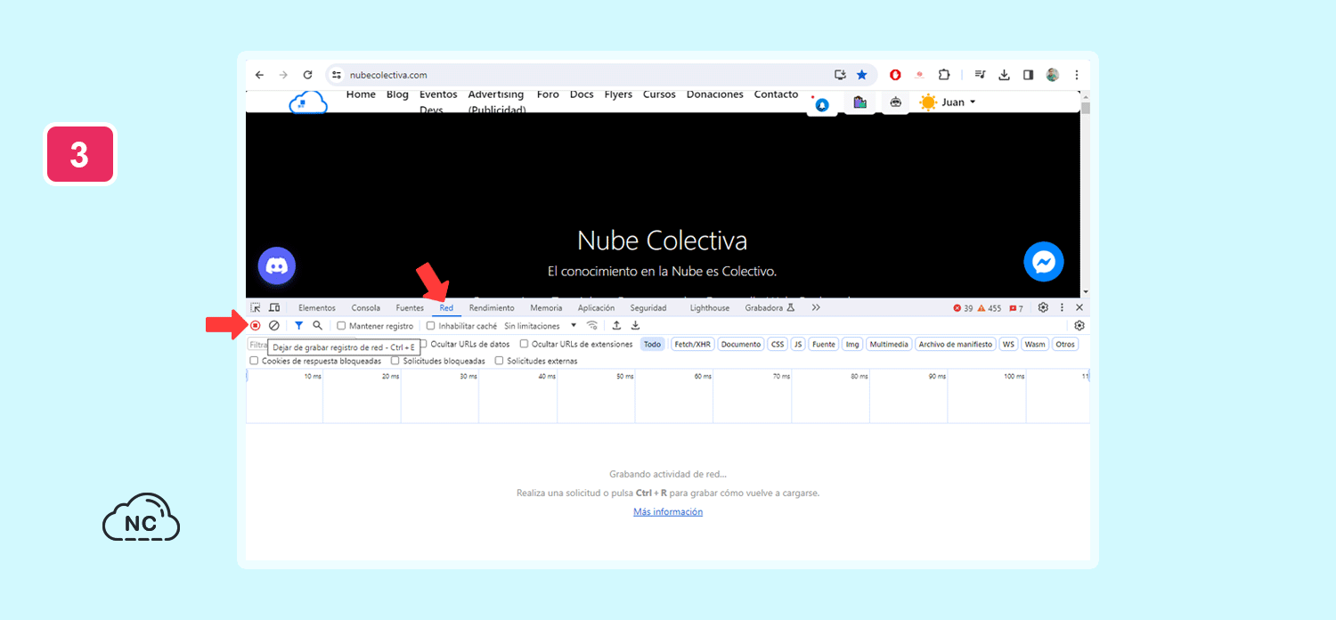 Si nunca usaste esta opción, la encontrarás apagada por defecto Opción para grabar la actividad de la red en Chrome Devtools