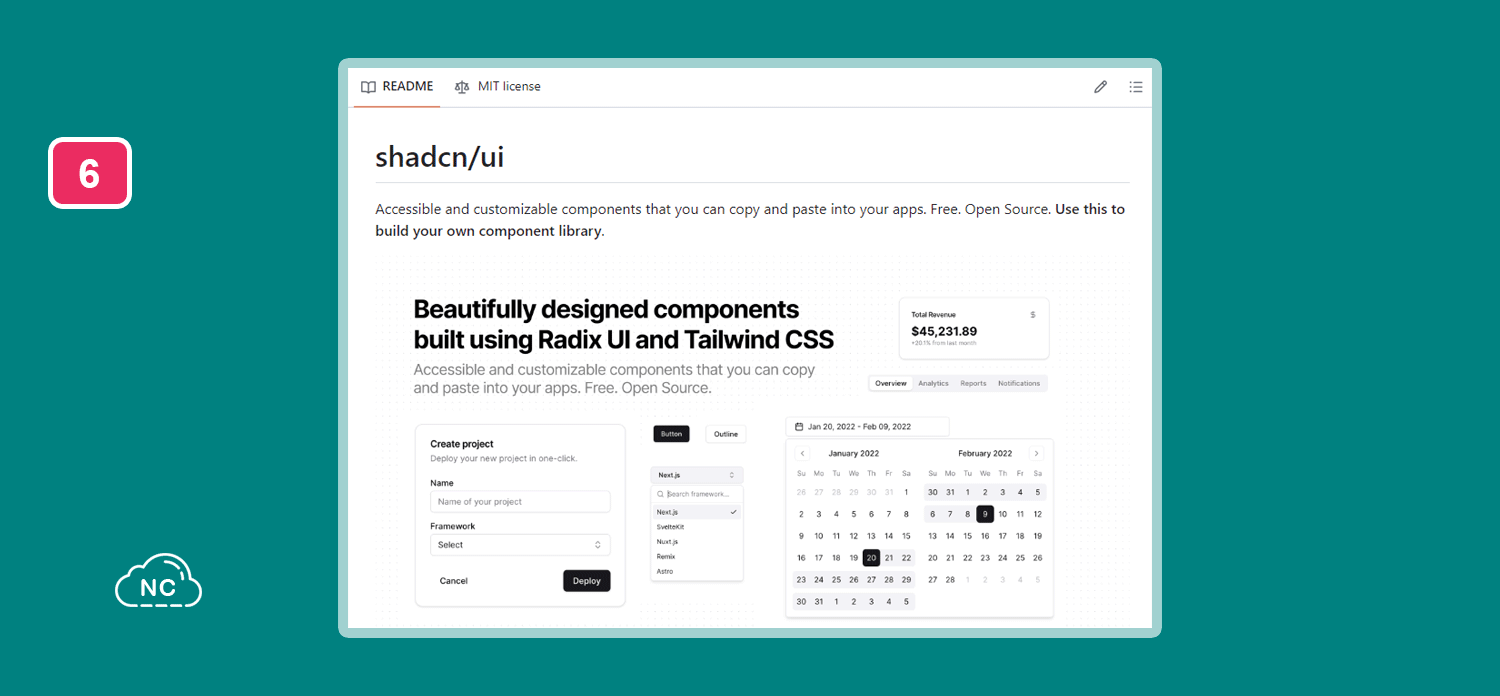 El estilo de sus componentes se parecen a los de la plataforma GitHub Repositorio shadcn/ui en GItHub