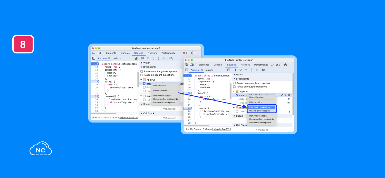 Los breakpoints son utilizados en la mayoría de casos en código JavaScript y TypeScript Habilitar y Deshabilitar Todos Los Breakpoints en Sources