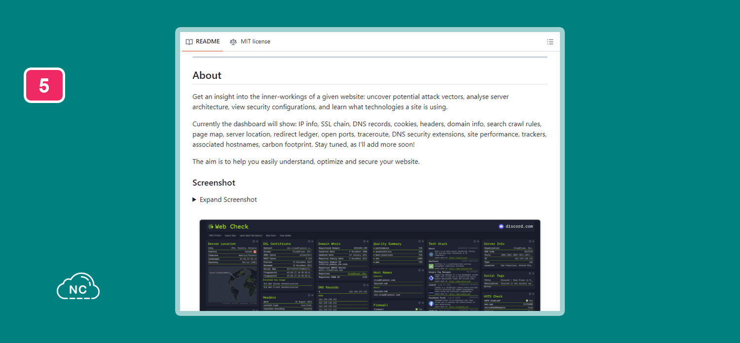En la documentación de su repositorio de GitHub brindan unos pasos para usar esta herramienta en Netlify, Vercel, Docker y más Repositorio de Web-Check en GitHub