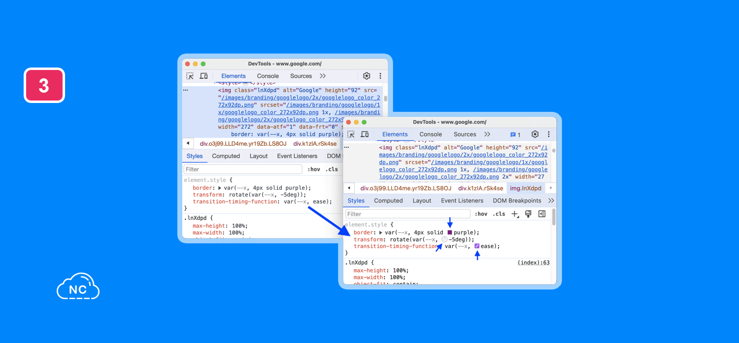 Las transiciones hacen que los contenidos sean más dinámicos en una web Selector de color, reloj angular y editor de aceleración en los respaldos de var( )