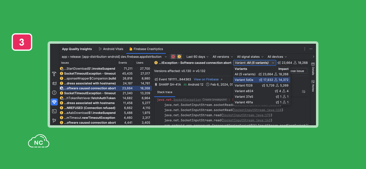 Cada variante tiene un ID único Variantes de fallas de Crashlytics en App Quality Insights