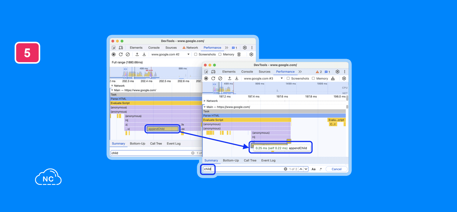 Los datos del panel Performance te dan una idea de que cosas puedes mejorar en una web Ventana emergente para el resultado de búsqueda seleccionado en Performance