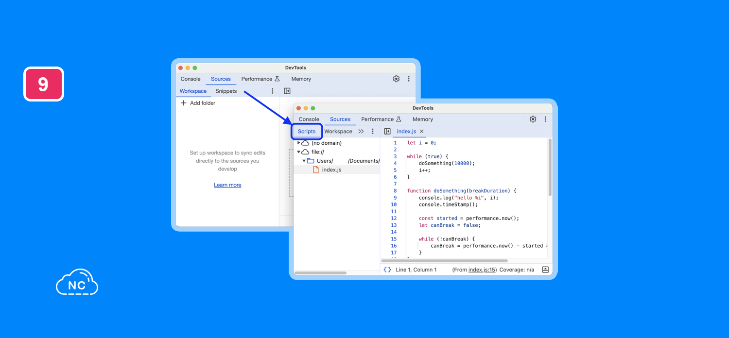 Esta característica permite analizar funciones creadas con Node JS y otros elementos en código Ventana para ver scripts cargados de Node JS en DevTools