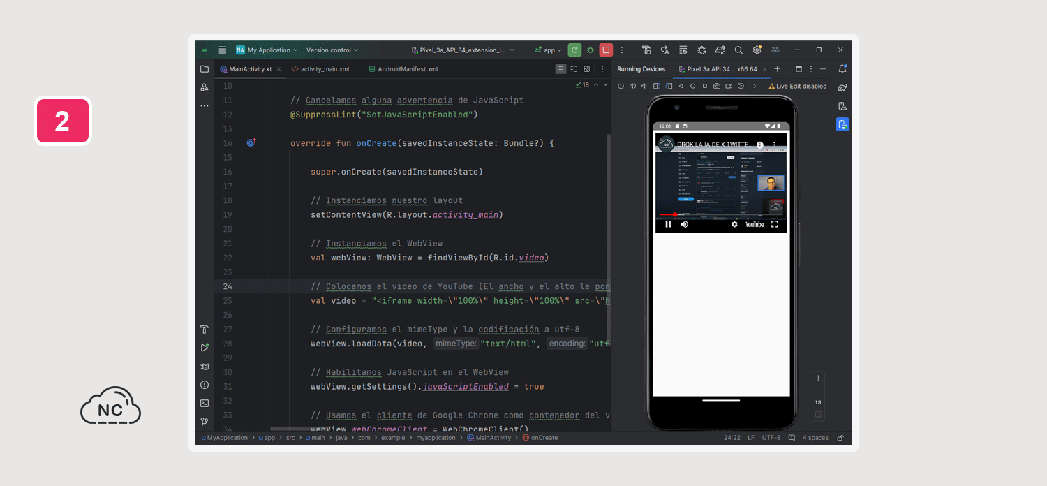 Si deseas pausar el video, puedes presionar el botón de pausa del reproductor Video de YouTube colocado en una aplicación Android