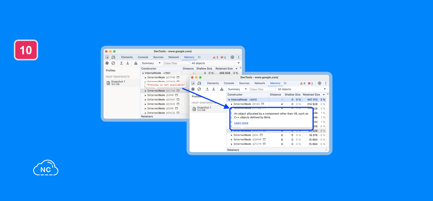 Esta información te ayudará a optimizar el uso de memoria en el navegador Panel Memory mostrando información sobre herramientas
