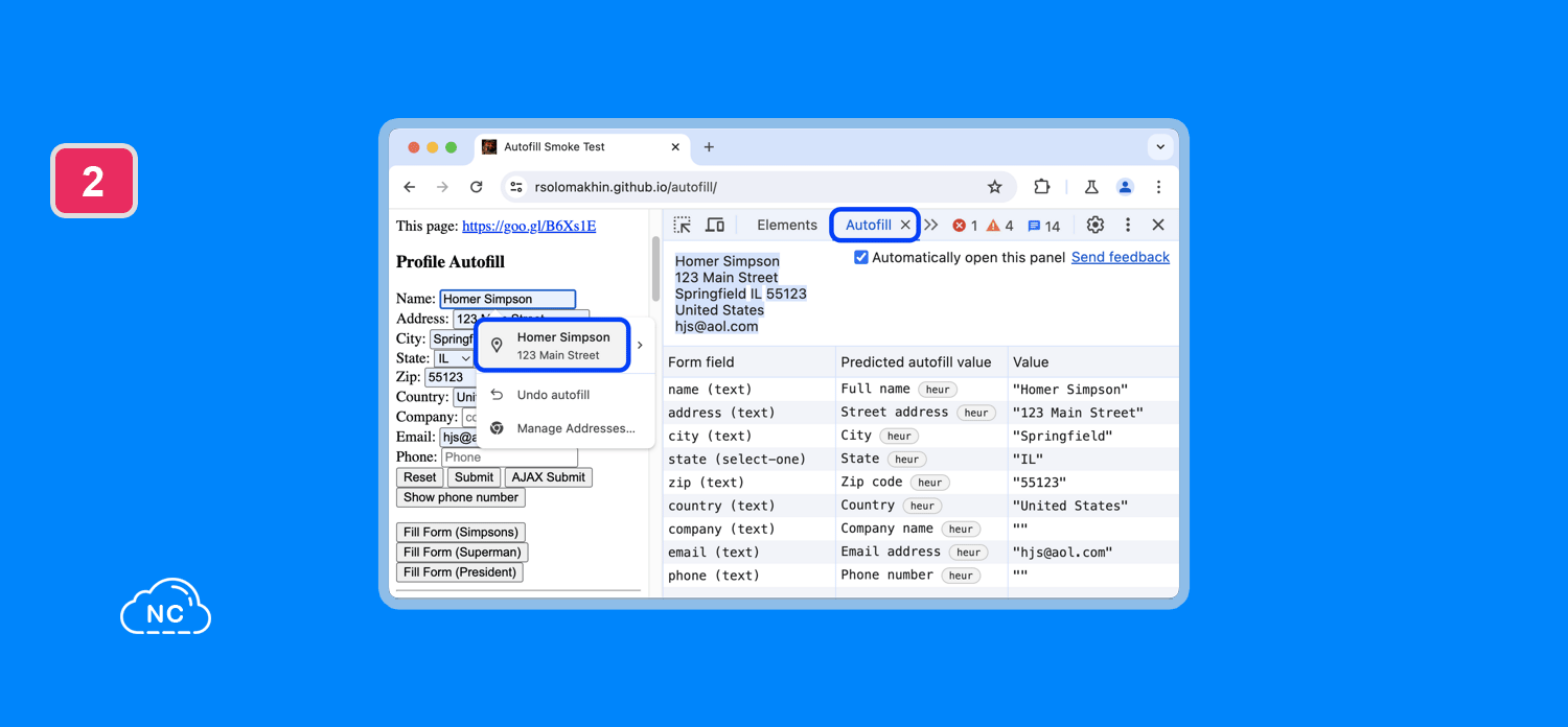 Puedes guardar direcciones, códigos postales, correos, etc. Panel Profile Autofill en Chrome DevTools