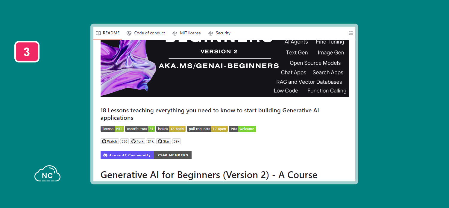 Cada una de las lecciones cuenta con un video de introducción Repositorio de Generative AI for Beginners en GitHub